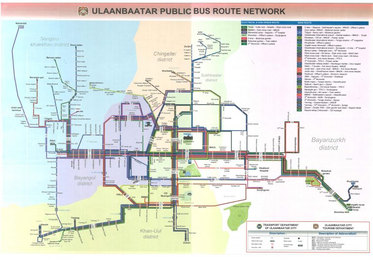 Niezbyt wyraźna mapa komunikacji miejskiej w Ułan Bator.