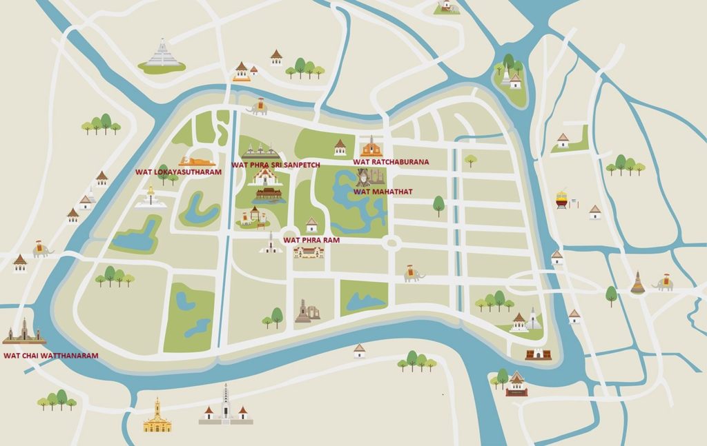 Mapa centralnych atrakcji w Ayutthaya.
